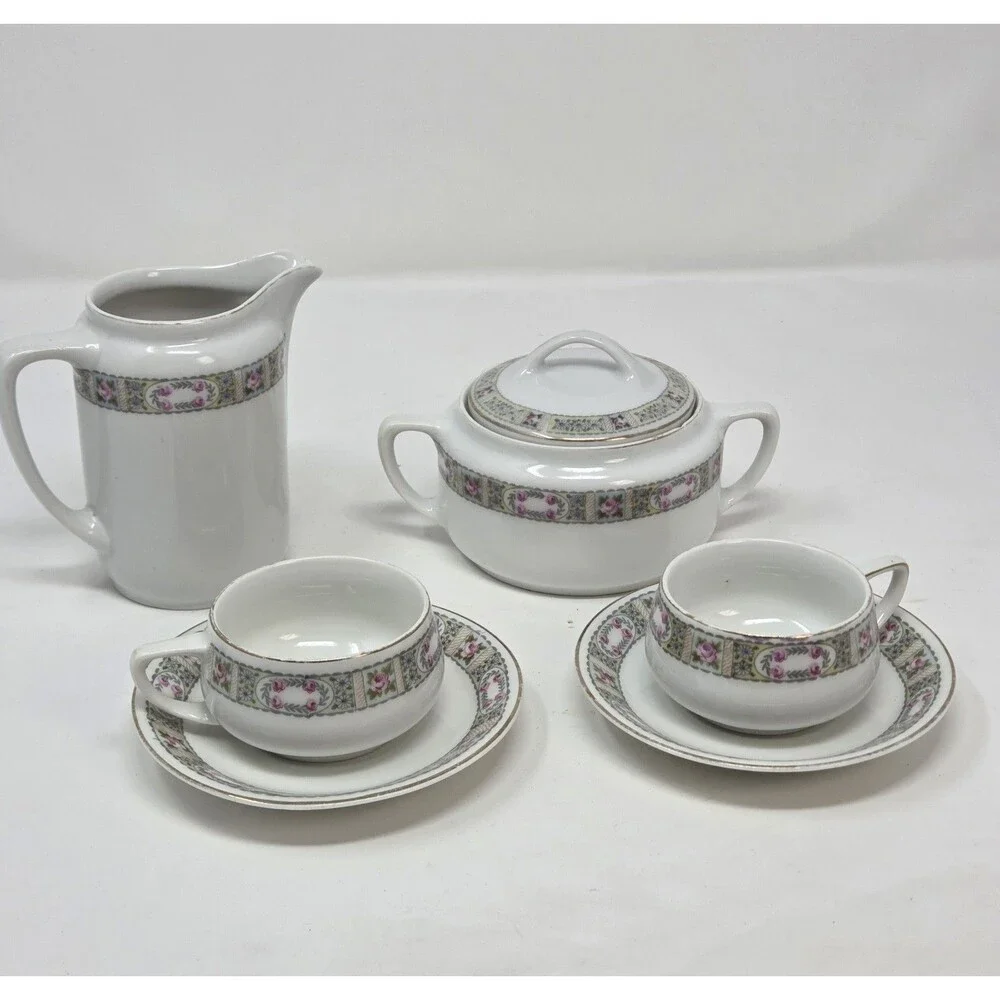 KPM Germany Antique‎ Porcelain Tea Set Creamer Sugar 2 Cups Saucers Rose 1900s